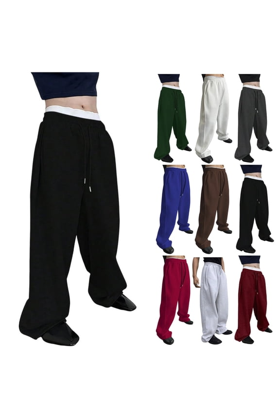Mens Baggy Sweatpants - Cotton Wide Leg Open Bottom Joggers with Pockets, Y2K Streetwear Tall Trousers for Fall Black 2XL