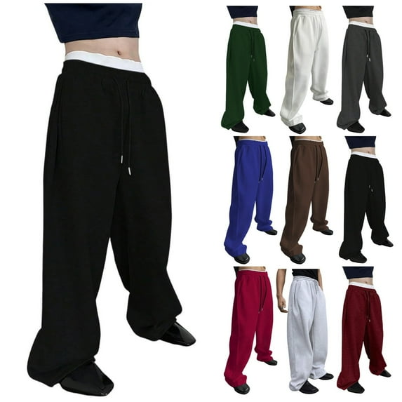 Mens Baggy Sweatpants - Cotton Wide Leg Open Bottom Joggers with Pockets, Y2K Streetwear Tall Trousers for Fall Light Gray L
