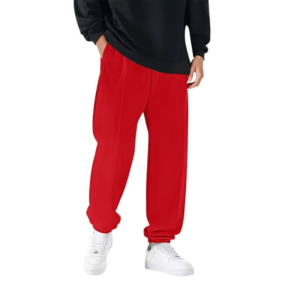 Mens Baggy Sweatpants Fleece Lined Jogger Pants Relaxed Fit Winter Warm Casual Streetwear Elastic Cuff Trousers Red M