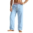 thumbnail image 1 of Mens Baggy Sweatpants Linen Casual Pants Relaxed Fit Spring Fall Breathable Retro Streetwear Trousers Patch Waist Blue L, 1 of 4