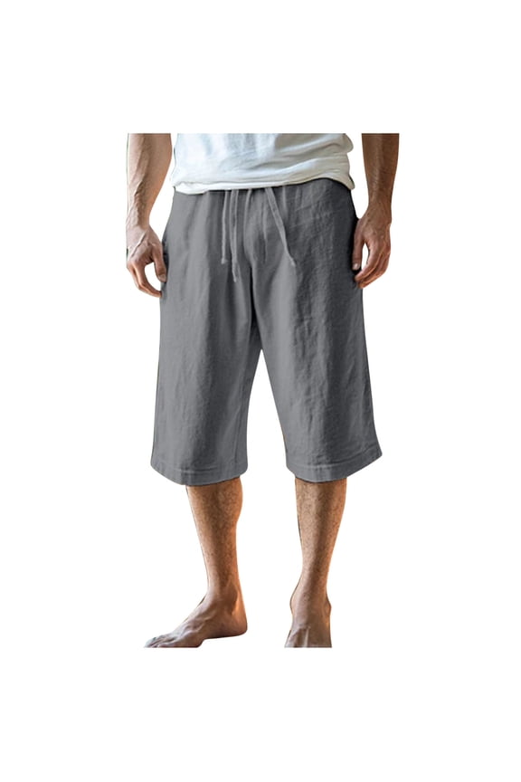 Mens Baggy Sweatpants, Men's Casual Lightweight Workout Cotton Linen Summer Beach 15Inch Inseam Shorts Gray M