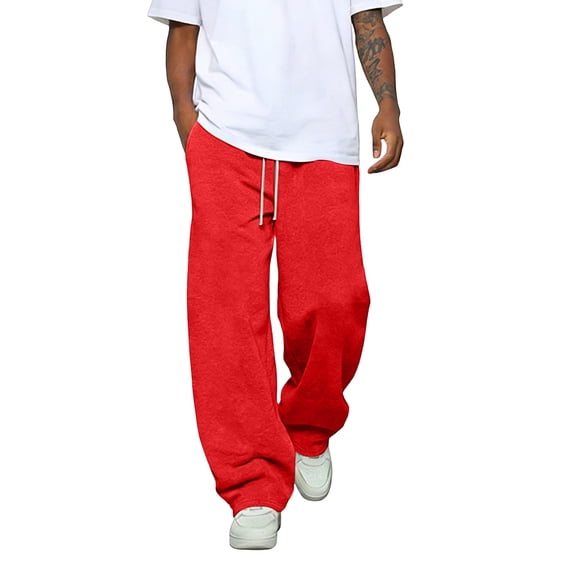 Mens Baggy Sweatpants Wide Leg Premium Lightweight Drawstring Pants Breathable Cotton Lounge Joggers with Pockets Red 2XL