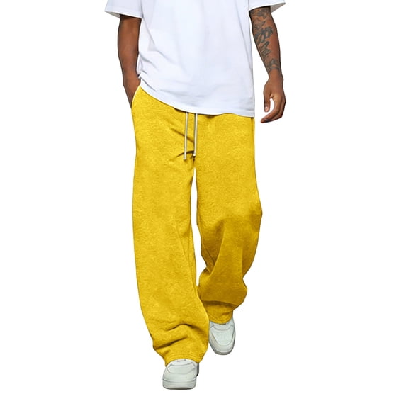 Mens Baggy Sweatpants Wide Leg Premium Lightweight Drawstring Pants Breathable Cotton Lounge Joggers with Pockets Yellow 3XL