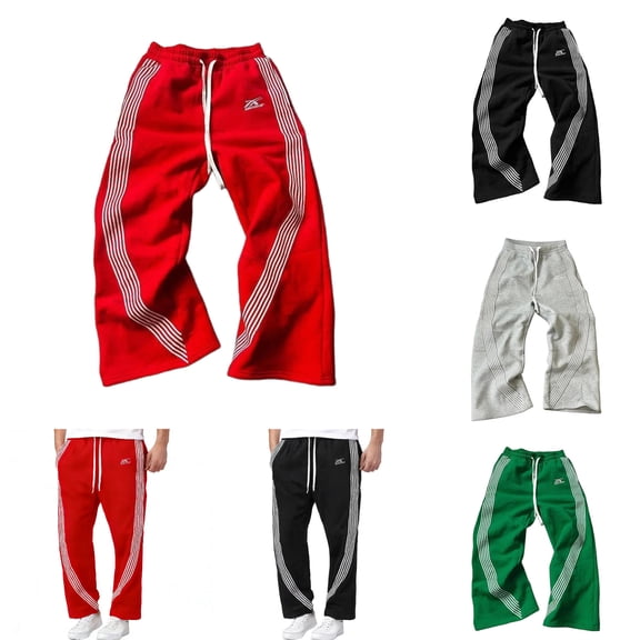 Mens Baggy Sweatpants Y2K Striped Side Straight Leg Drawstring Pants Streetwear Relaxed Fit Grey S
