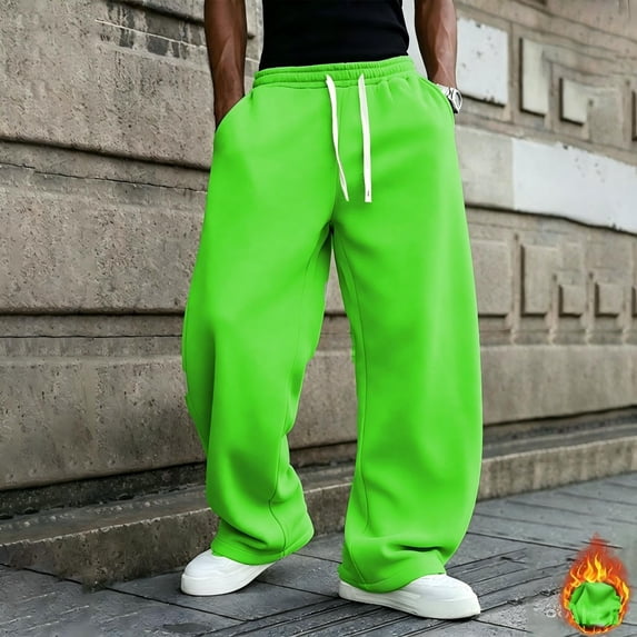 Mens Baggy Wide Leg Fleece Sweatpants, Elastic Drawstring Waist American Style Oversized Straight Leg Casual Lounge Trousers Green M