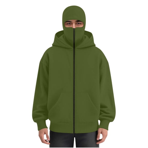 Mens Balaclava Hoodie Winter Double Hooded Zip Jacket Loose Fit Zip Up Fashion Hoodies Jacket Fleece-Lined Hoodie with Built-In Balaclava Wind-Resistant Streetwear Sweatshirt with Ski Mask
