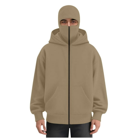 Mens Balaclava Hoodie Winter Double Hooded Zip Jacket Loose Fit Zip Up Fashion Hoodies Jacket Fleece-Lined Hoodie with Built-In Balaclava Wind-Resistant Streetwear Sweatshirt with Ski Mask