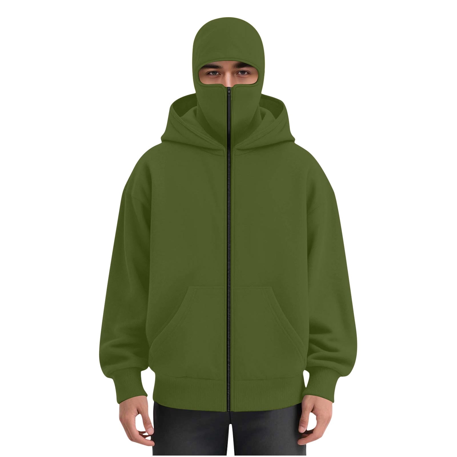 Mens Balaclava Hoodie Winter Double Hooded Zip Jacket Loose Fit Zip Up Fashion Hoodies Jacket Fleece-Lined Hoodie with Built-In Balaclava Wind-Resistant Streetwear Sweatshirt with Ski Mask