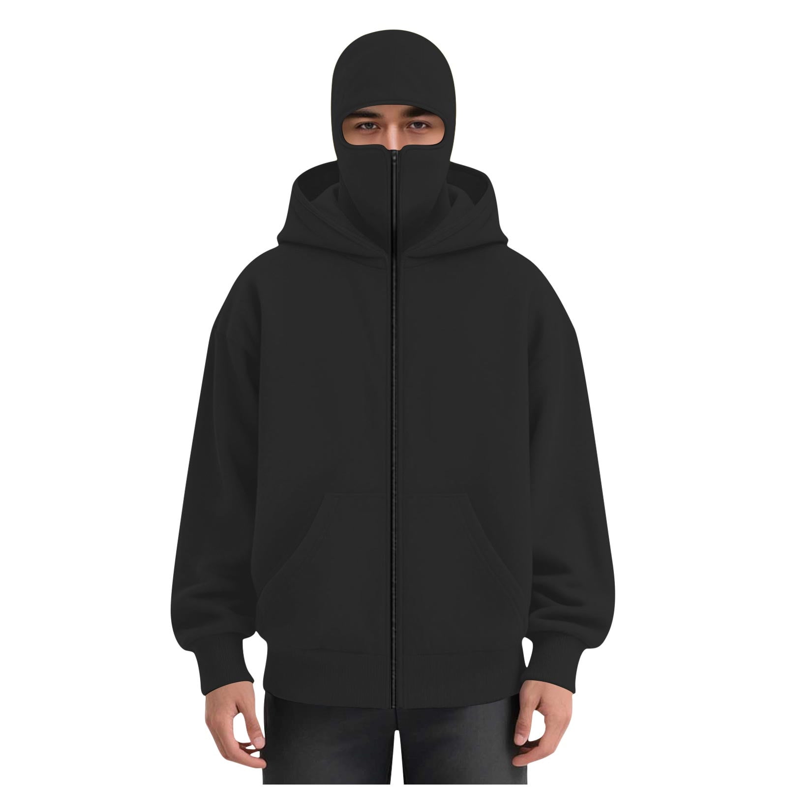 Mens Balaclava Hoodie Winter Double Hooded Zip Jacket Loose Fit Zip Up Fashion Hoodies Jacket Fleece-Lined Hoodie with Built-In Balaclava Wind-Resistant Streetwear Sweatshirt with Ski Mask
