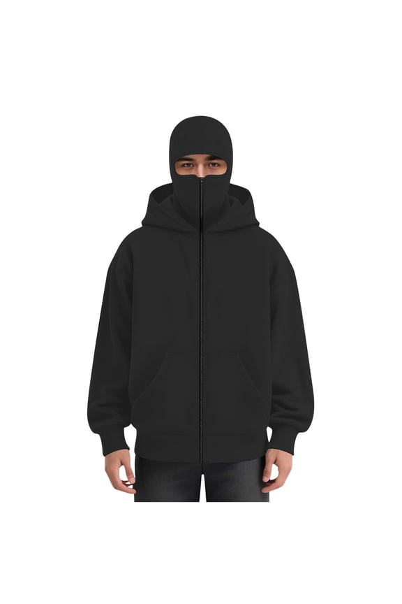 Mens Balaclava Hoodie Winter Double Hooded Zip Jacket Loose Fit Zip Up Fashion Hoodies Jacket Fleece-Lined Hoodie with Built-In Balaclava Wind-Resistant Streetwear Sweatshirt with Ski Mask