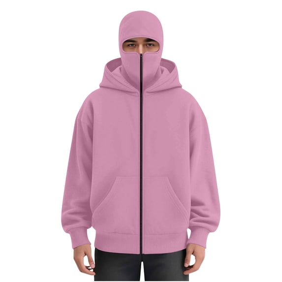 Mens Balaclava Hoodie Winter Double Hooded Zip Jacket Loose Fit Zip Up Fashion Hoodies Jacket Fleece-Lined Hoodie with Built-In Balaclava Wind-Resistant Streetwear Sweatshirt with Ski Mask