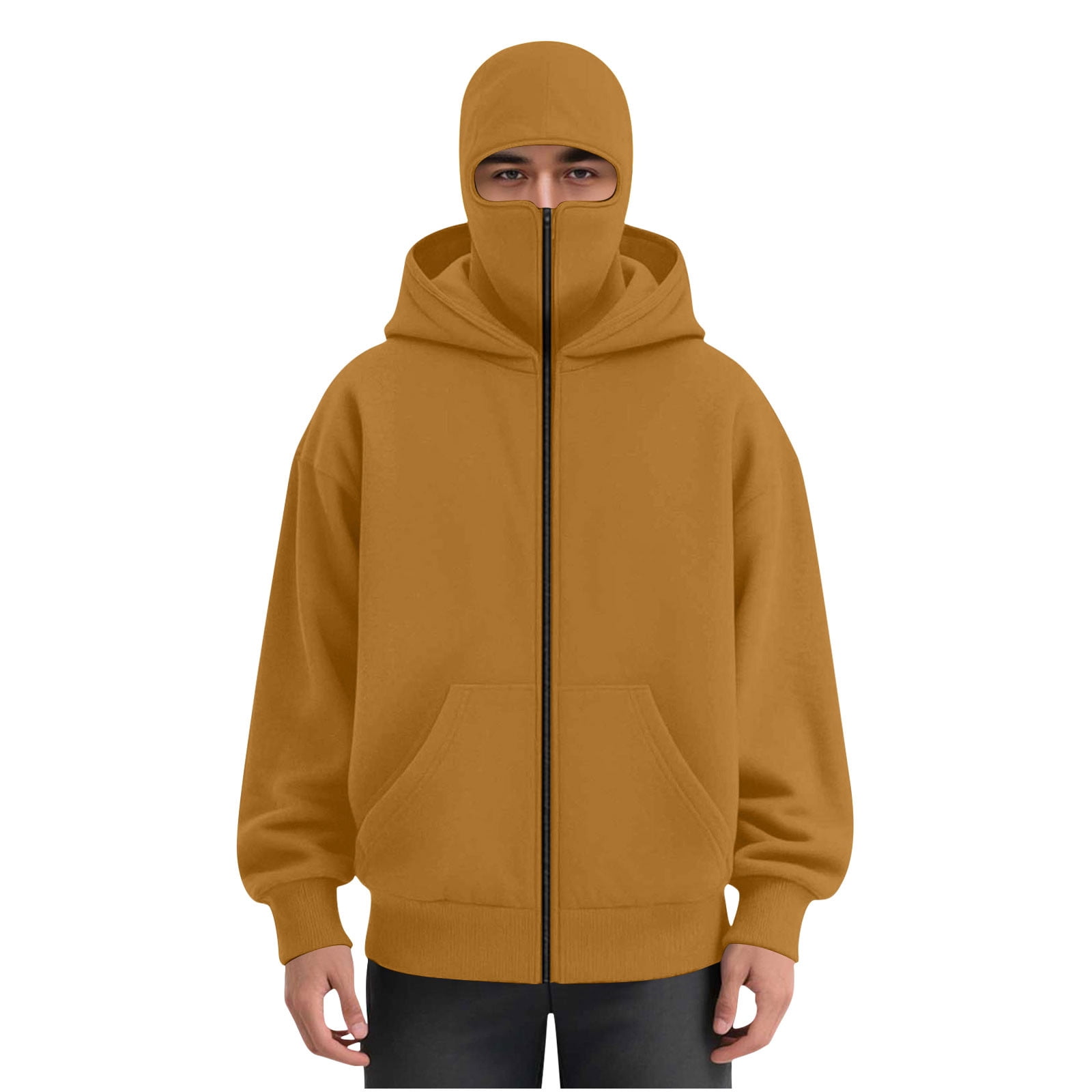 Mens Balaclava Hoodie Winter Double Hooded Zip Jacket Loose Fit Zip Up Fashion Hoodies Jacket Fleece-Lined Hoodie with Built-In Balaclava Wind-Resistant Streetwear Sweatshirt with Ski Mask