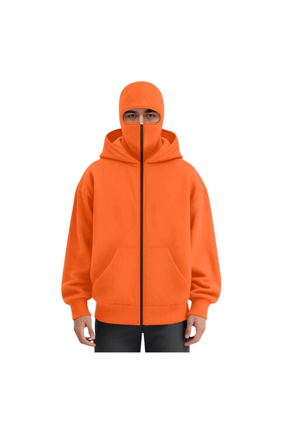 Mens Balaclava Hoodie Winter Double Hooded Zip Jacket Loose Fit Zip Up Fashion Hoodies Jacket Fleece-Lined Hoodie with Built-In Balaclava Wind-Resistant Streetwear Sweatshirt with Ski Mask