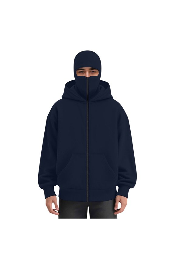 Mens Balaclava Hoodie Winter Double Hooded Zip Jacket Loose Fit Zip Up Fashion Hoodies Jacket Fleece-Lined Hoodie with Built-In Balaclava Wind-Resistant Streetwear Sweatshirt with Ski Mask