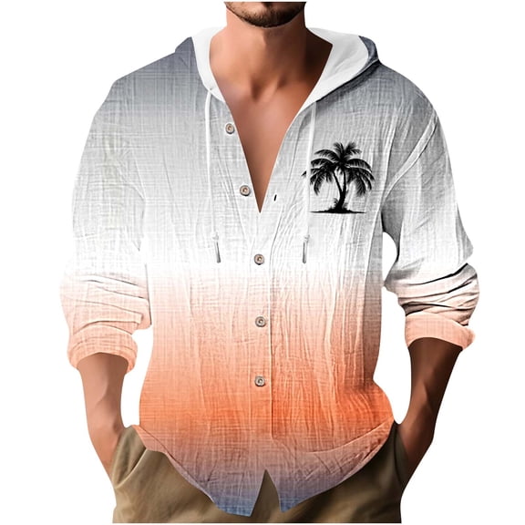 Mens Bamboo Linen Blosues Lace-Up Adjustable Hoodies Front Button Long-Sleeved Tops Hawaii Beach Blosue Shirts Ultra Soft Loose Fit Textured Top Workout Running Golf Outfits