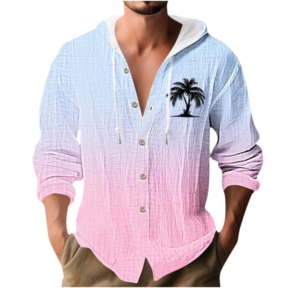 Mens Bamboo Linen Blosues Lace-Up Adjustable Hoodies Front Button Long-Sleeved Tops Hawaii Beach Blosue Shirts Ultra Soft Loose Fit Textured Top Workout Running Golf Outfits