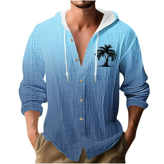 Mens Bamboo Linen Blosues Lace-Up Adjustable Hoodies Front Button Long-Sleeved Tops Hawaii Beach Blosue Shirts Ultra Soft Loose Fit Textured Top Workout Running Golf Outfits