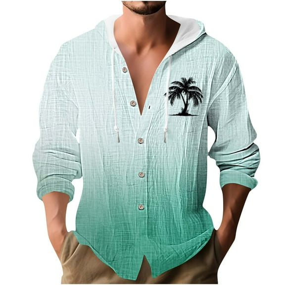 Mens Bamboo Linen Blosues Lace-Up Adjustable Hoodies Front Button Long-Sleeved Tops Hawaii Beach Blosue Shirts Ultra Soft Loose Fit Textured Top Workout Running Golf Outfits