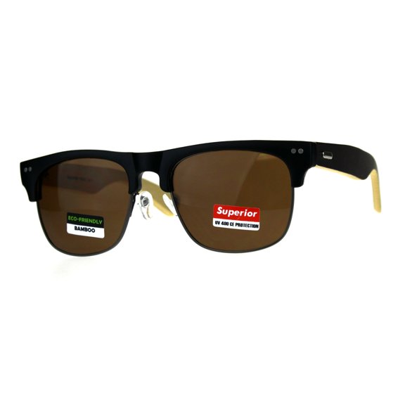 Mens Bamboo Wood Arm Half Rim Hipster Sunglasses Black Brown