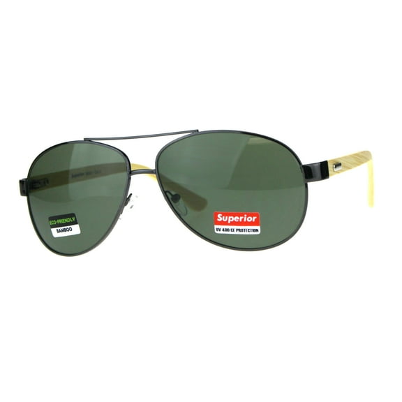Mens Bamboo Wood Arm Officer Air Force Tear Drop Sunglasses Gunmetal Green