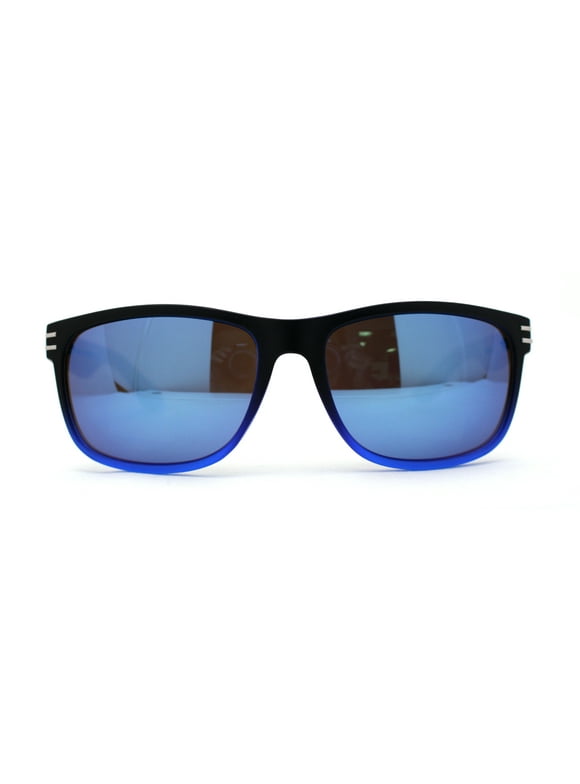 Mens Bamboo Wood Arm Rectangle Sport Biker Style Sunglasses Black Blue Mirror