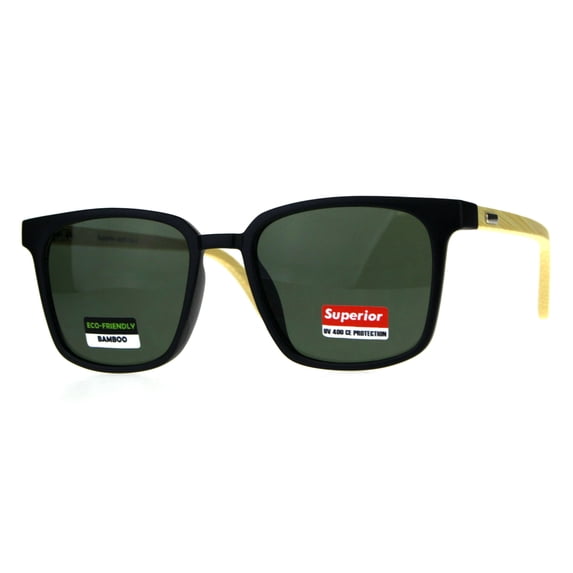 Mens Bamboo Wood Oversize Rectangular Horn Rim Sunglasses Black Green