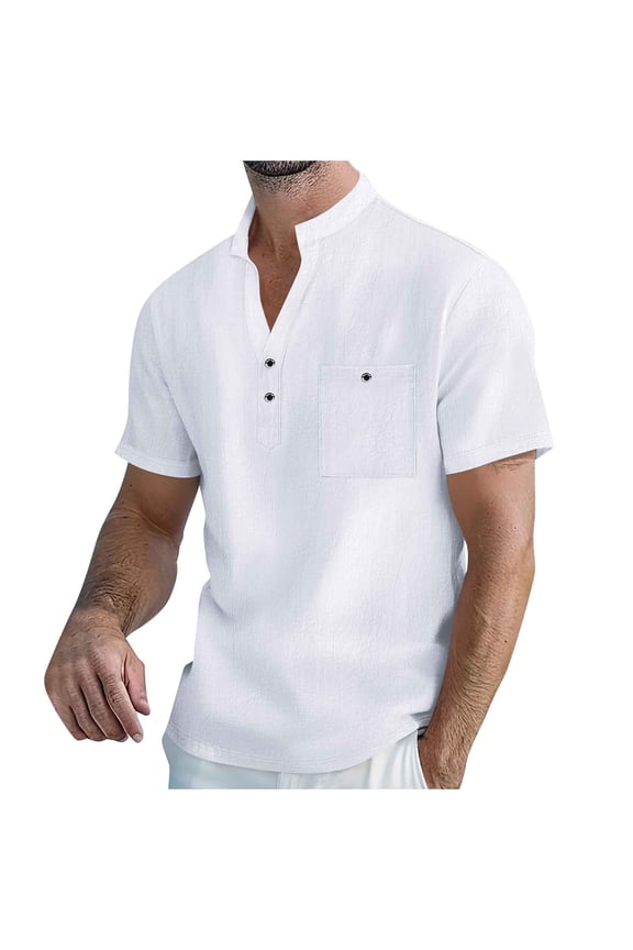 Mens Band Collar Cotton Linen Short Sleeve Henley T-Shirt V Neck 2 Button Up Front Placket Tops Pocket Retro Tropical Cruise Vacation Fathers Day Gift Tees