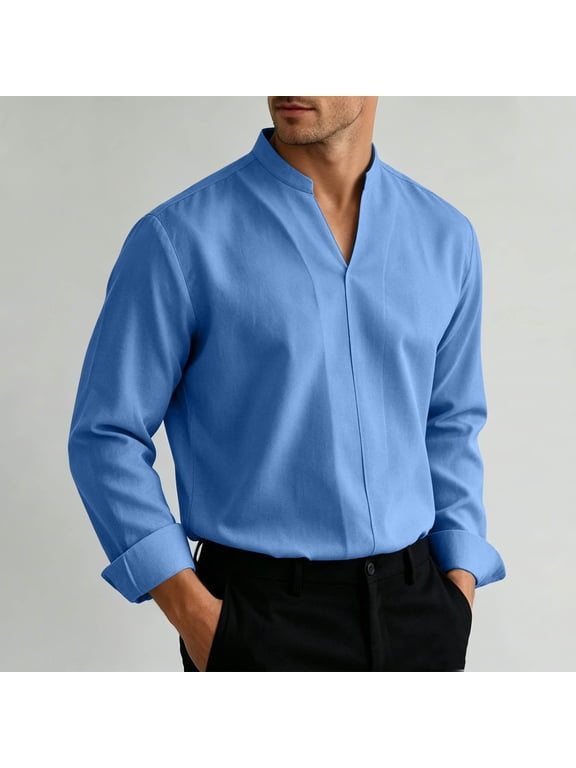 Mens Band Collar Long Sleeve Button Down Dress Shirt, Hidden Button Placket Breathable Casual V Neck Overshirt, Versatile Daily Wear Shirt for Spring Fall Light Blue