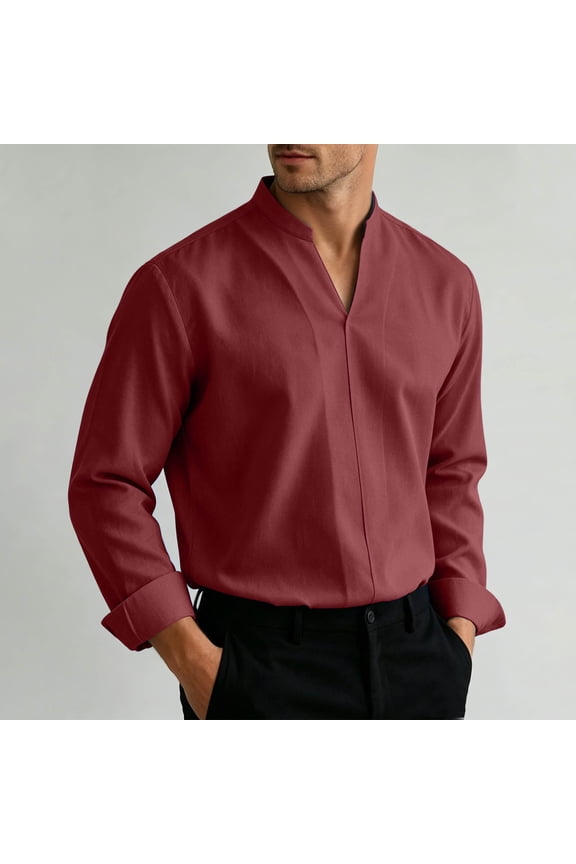 Mens Band Collar Long Sleeve Button Down Dress Shirt, Hidden Button Placket Breathable Casual V Neck Overshirt, Versatile Daily Wear Shirt for Spring Fall Wine