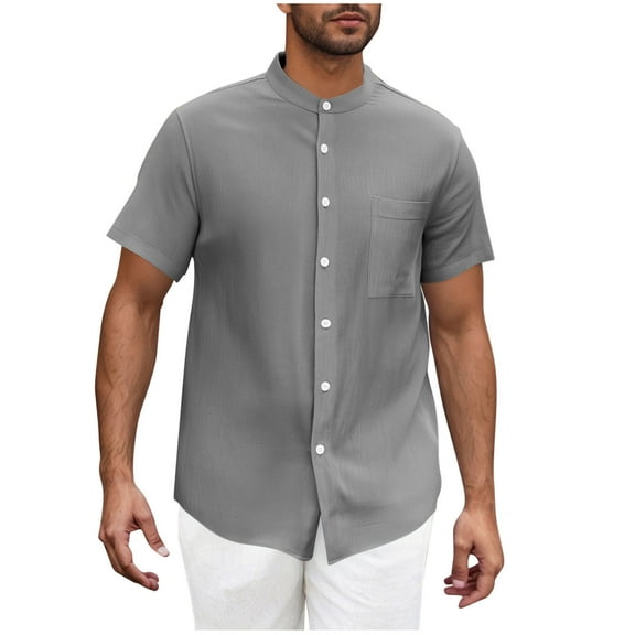Mens Banded Collar Dress Shirts Casual Short Sleeve Button Down Collar Shirt Solid Casual Summer Beach Vacation Tops
