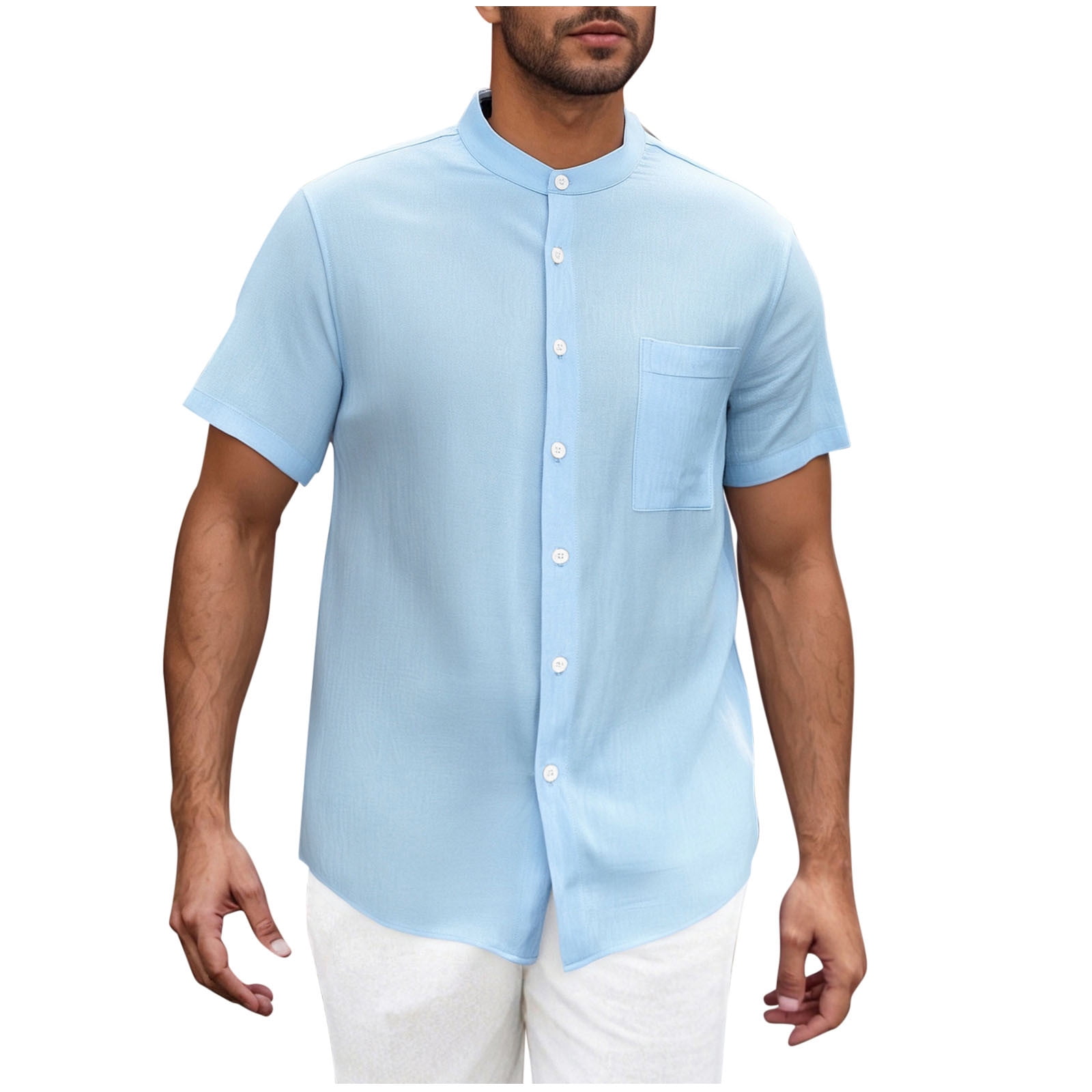 short sleeve banded collar dress shirt Men's Muscle Dress Shirts Banded Collar Short Sleeve Casual Button Down  Shirt