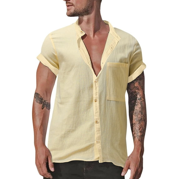 Mens Banded Collar Short Sleeve Button Down Shirts Linen Lightweight Shirt