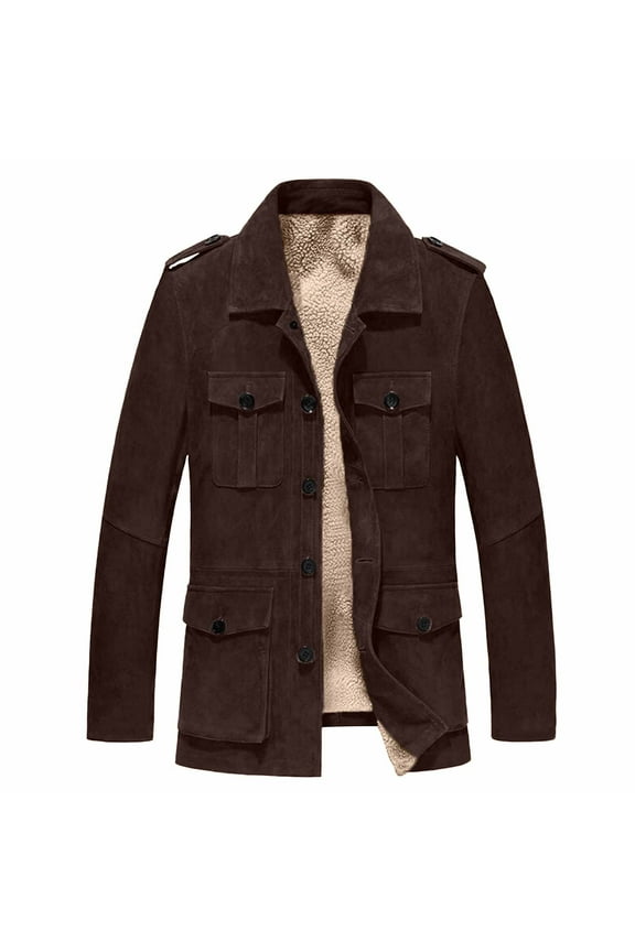 Mens Barn Jackets Western Suede Jacket Lapel Collar Cargo Wind-proof Warm Cozy Shirt Jackets with Pockets