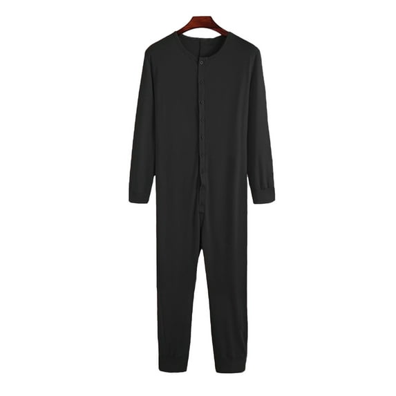 Mens Base Layer Thermal Underwear Round Neck Long Sleeve Workout Jumpsuit Union Suit Soft Button Down One Piece Pajama