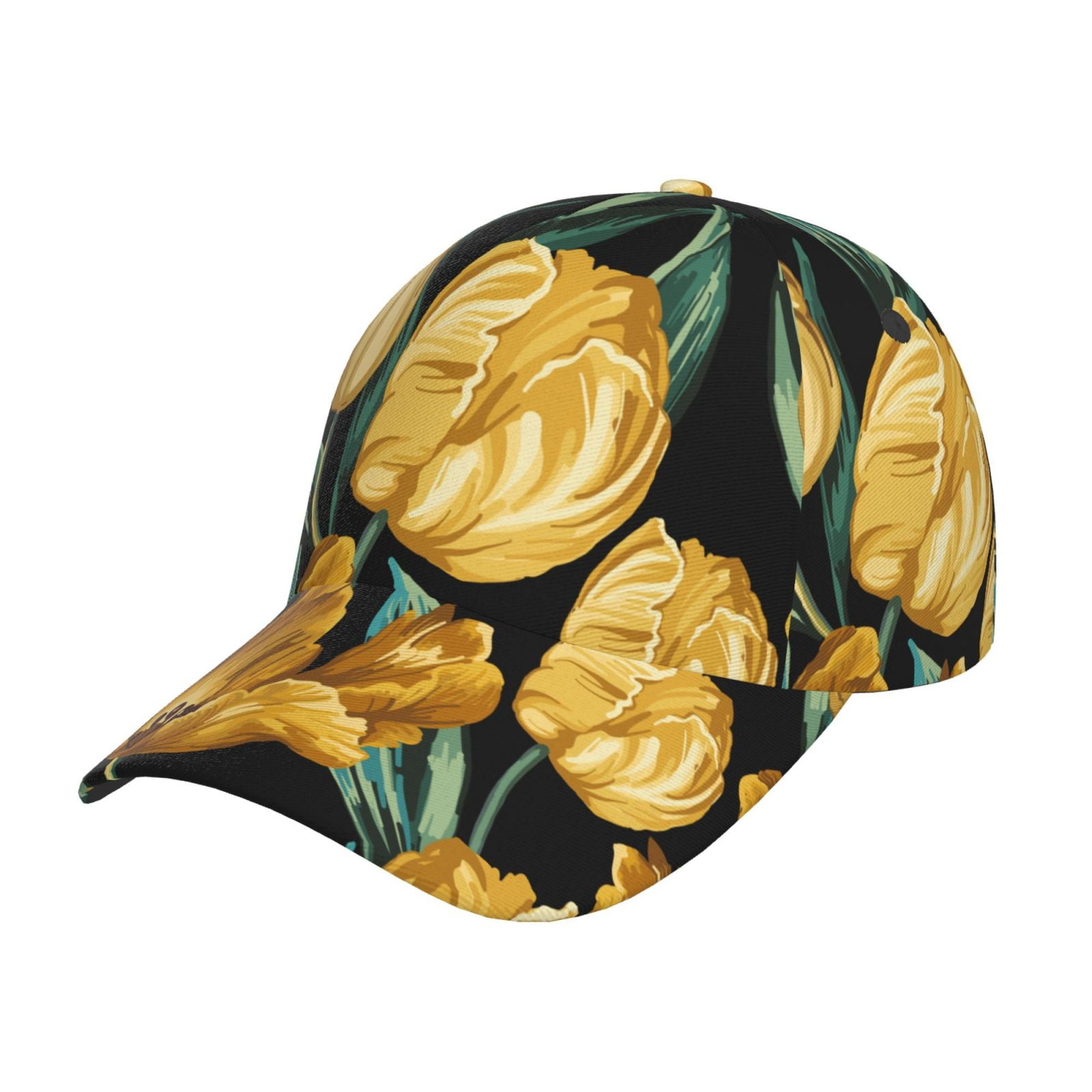 Mens Baseball Cap Yellow tulips on black background Womens Hats
