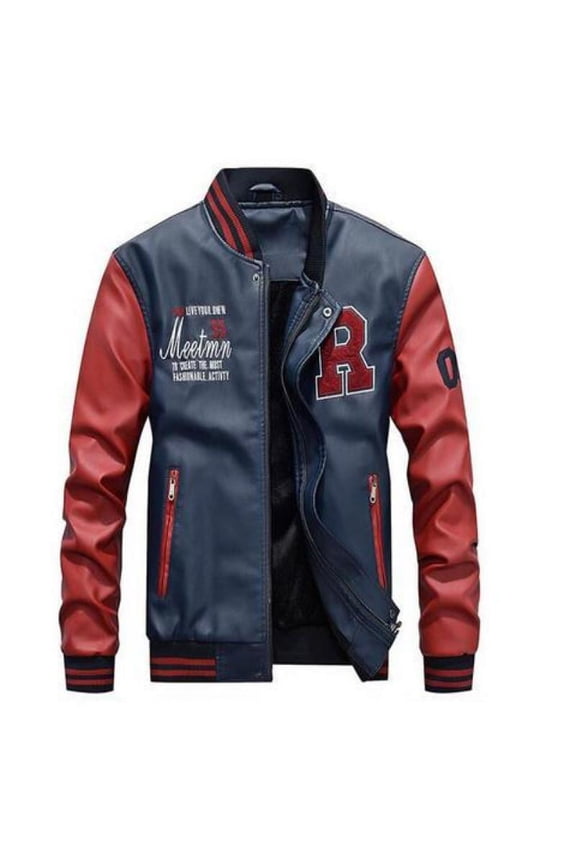 Mens Baseball Faux Leather Jacket - S - Blue