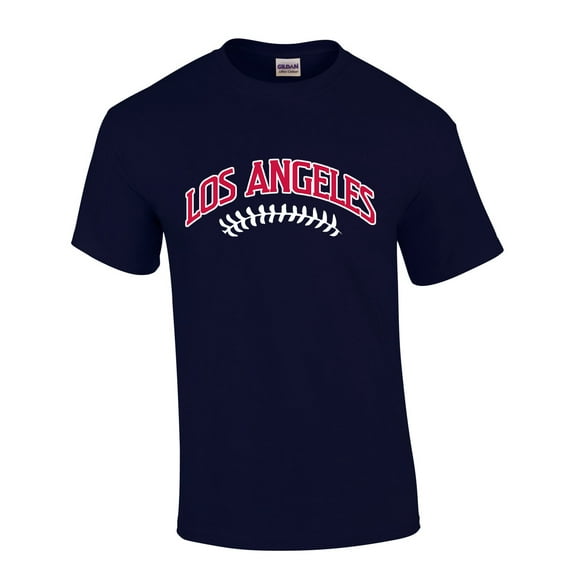 Mens Baseball Team Tshirt California Los Angeles Baseball Team Color Navy Blue and Red Laces Short Sleeve T-shirt Graphic Tee-Navy-large