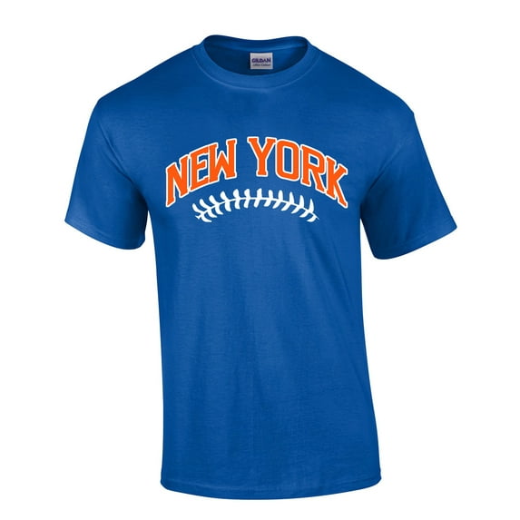 Mens Baseball Team Tshirt New York Baseball Team Color Royal Blue and Orane Laces Short Sleeve T-shirt Graphic Tee-Royal-medium