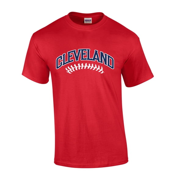Mens Baseball Team Tshirt Ohio Cleveland Baseball Team Color Red and Navy Blue Laces Short Sleeve T-shirt Graphic Tee-Red-xxxl