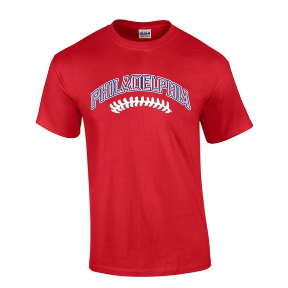 Mens Baseball Team Tshirt Pennsylvania Philadelphia Baseball Team Color Red and Blue Laces Short Sleeve T-shirt Graphic Tee-Red-xl