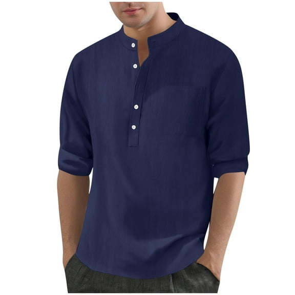 Mens Basic Henley Shirts Cotton Linen Button Down Short Sleeve Shirt Casual Shirts Summer Beach Textured Shirts Navy L