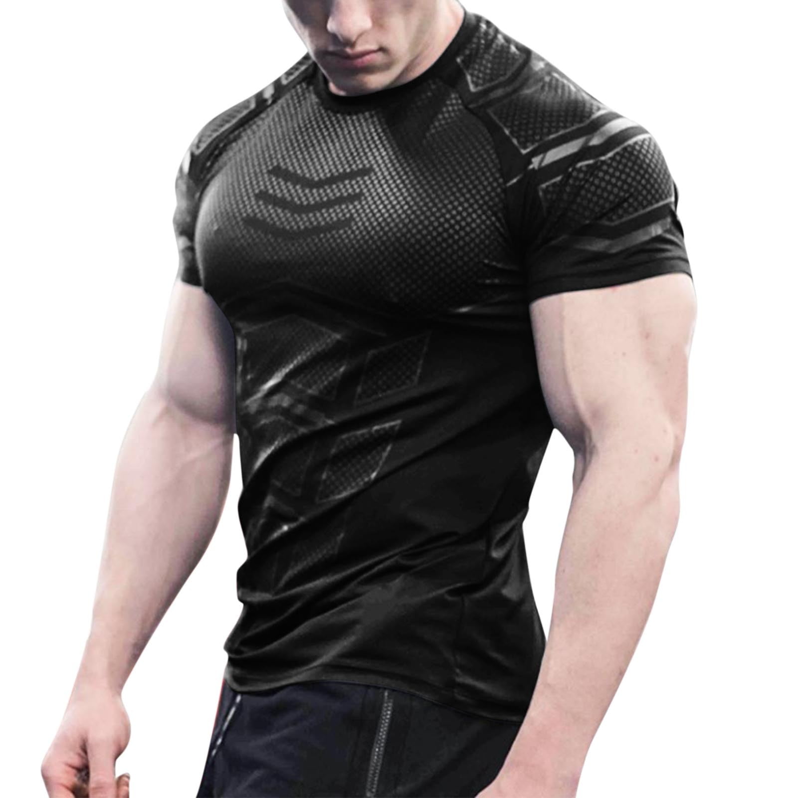 Mens Basic T-Shirt Printed Crew Neck Body Shaper Base Layer Sports
