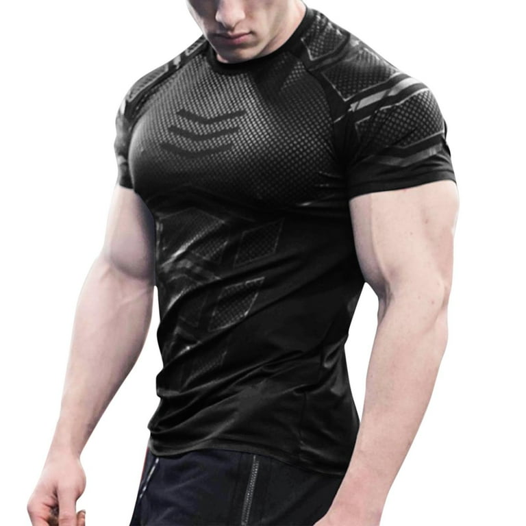 Mens Basic T-Shirt Printed Crew Neck Body Shaper Base Layer Sports