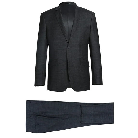 Mens Basic Two Button Slim Fit Wool Suit in Charcoal Grey Weave