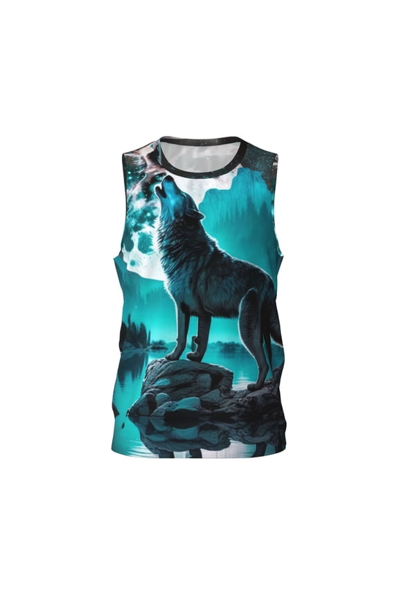 Mens Basketball Jersey Hip-Hop Sreetwear Sports Team Tops, Wolf Howling River Night Moon Cool