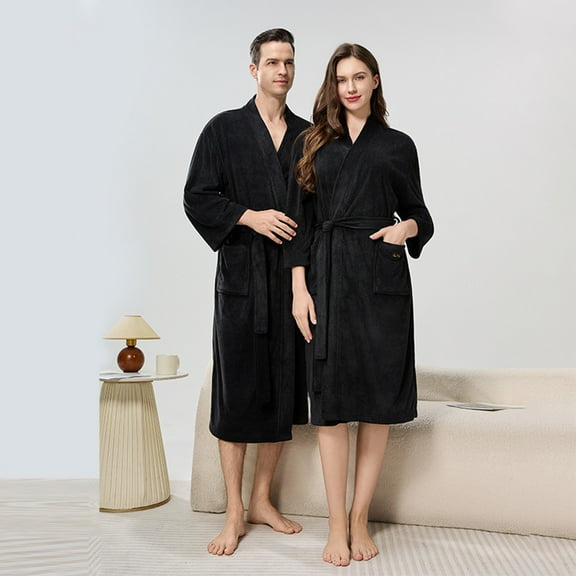 Mens Bathrobe Cotton Kimono Light Robe Plush Soft Thermal Velvet Long Towel Robe Drawstring Adjustable Relaxed Fit Nightgown with Pockets