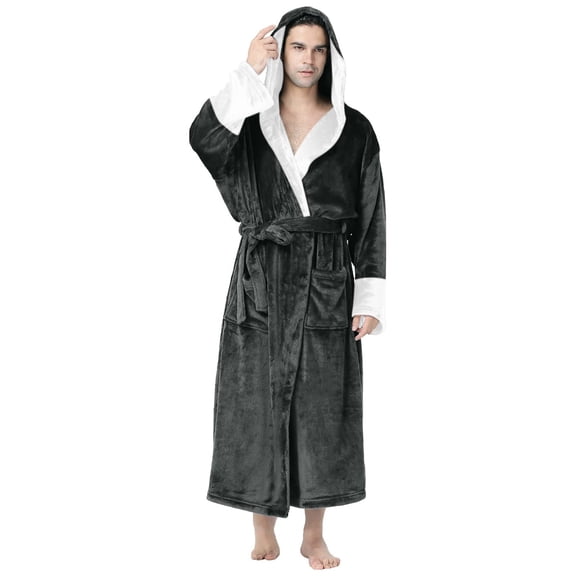 Mens Bathrobe Male Solid Patchwork Hooded Robe Drawstring Three Quarter Sleeve Pajamas Men Robe Grey XL