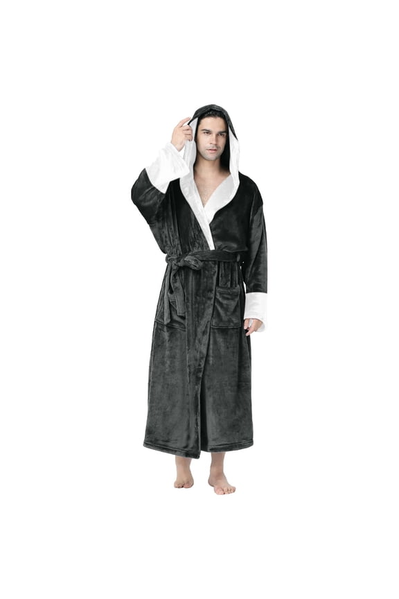 Mens Bathrobe Male Solid Patchwork Hooded Robe Drawstring Three Quarter Sleeve Pajamas Men Robe Grey XXL