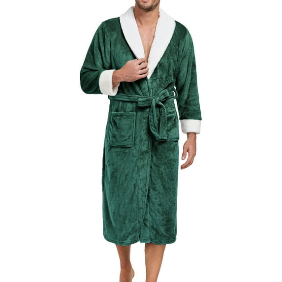 Mens Bathrobe Terry Cloth Flannel Robe Soft Fleece Plush Winter Warm Spa Robes Comfy Pajamas Housecoat Sleepwear, Green, XXL