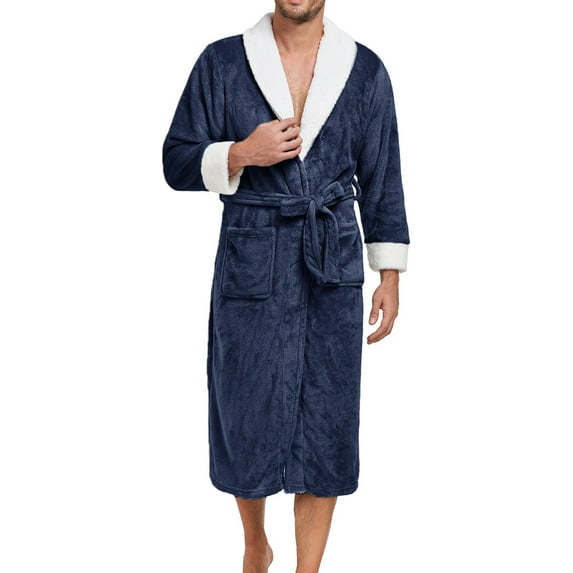 Mens Bathrobe Terry Cloth Flannel Robe Soft Fleece Plush Winter Warm Spa Robes Comfy Pajamas Housecoat Sleepwear, Navy, L